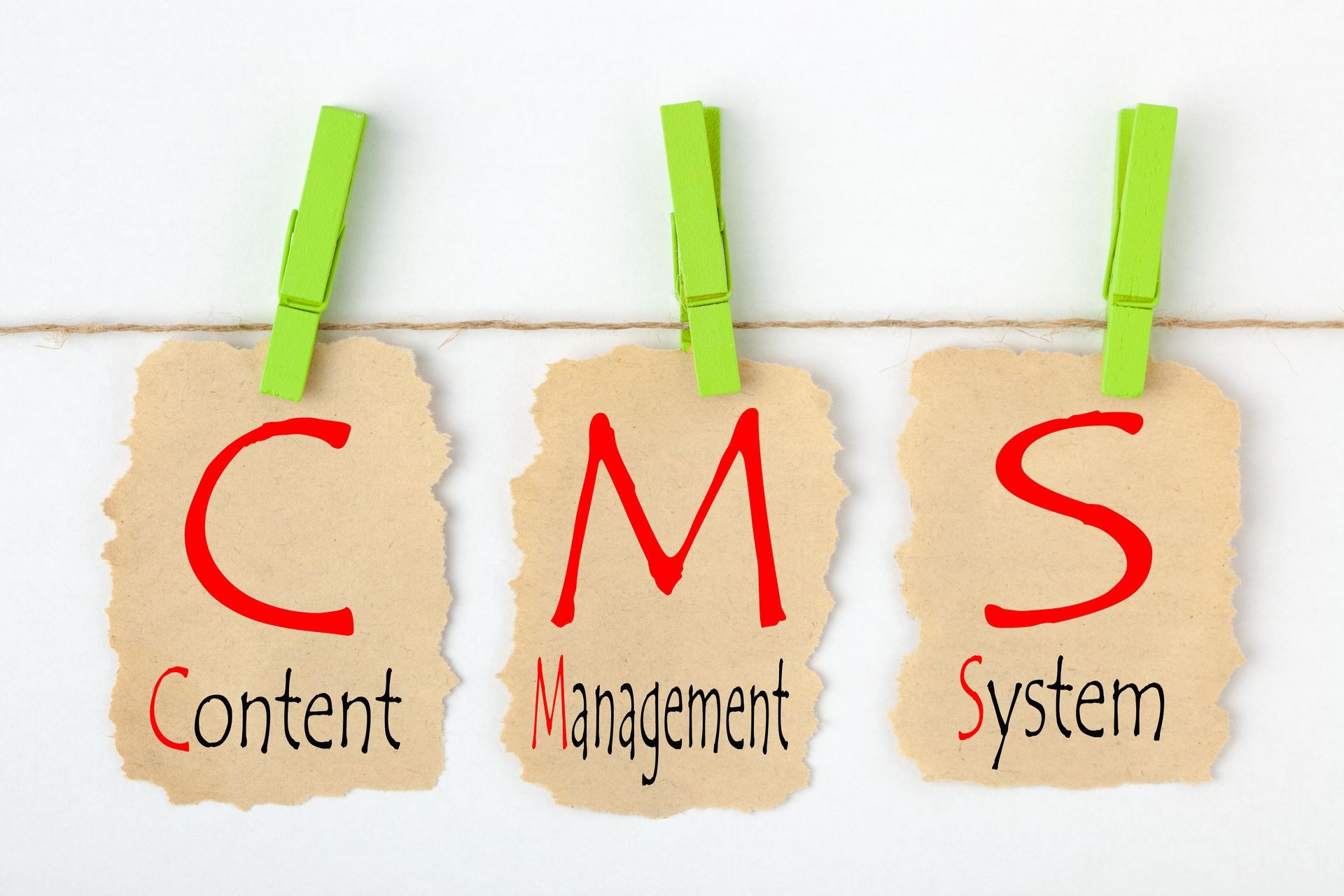 Content Management System (CMS) written on old torn paper with clip hanging on white background.